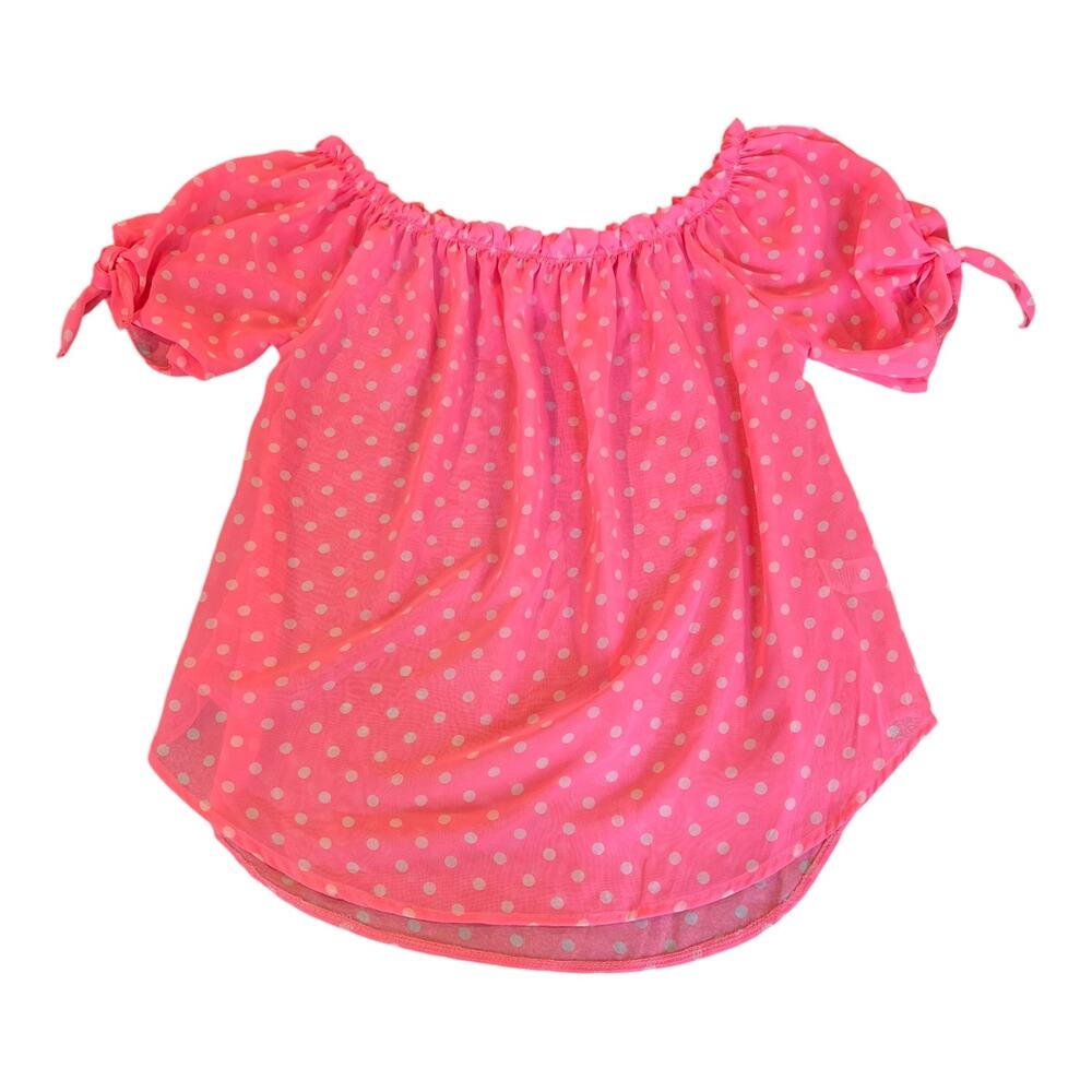 Teenbell Juniors Girl’s XL Pink & White Polka Dot Blouse Sheer Ruffle Flowy - Picture 3 of 8